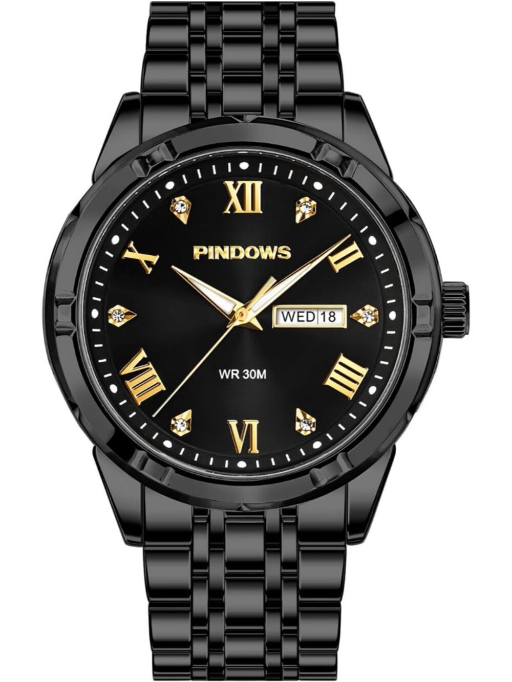 Men's Black Classic Quartz Watch Stainless Steel Diamond Dial Wrist Watches